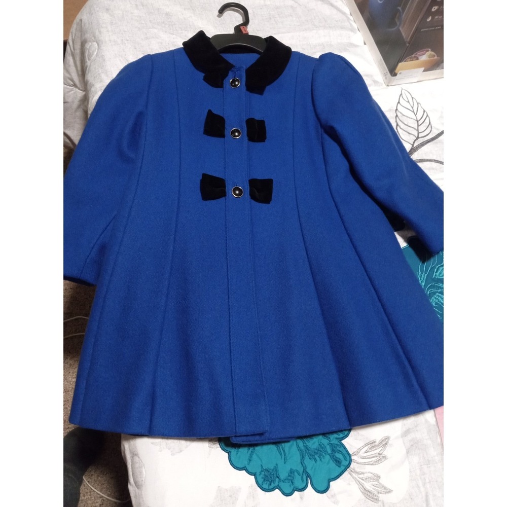 Vintage Young Gallery Blue Wool Coat with Velvet Bows and Matching Hat Kids sz 6 - Picture 2 of 12